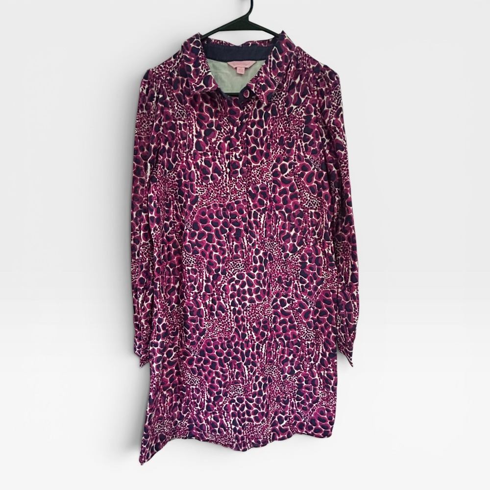 Lilly Pulitzer Pink Purple Leopard Animal Print Cotton Shirt Dress Size 4